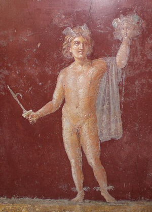 Perseus holds up Medusa's head (Stabiae, ca. 50 AD) Photo by Wikimedia Commons user Luiclemens