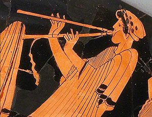 Woman playing double pipes (Athens, ca. 500 BC)