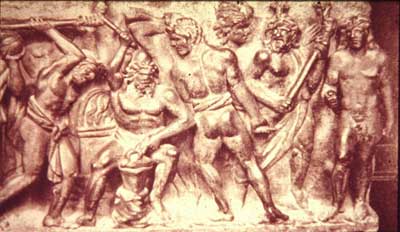 Prometheus steals fire from Hephaistos' workshop(He's on the right). Roman sarcophagus (coffin)