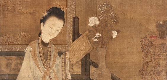 Qing dynasty court lady reading a handwritten scroll (probably 1700s AD)