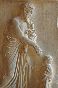 A dead father says goodbye to his young son (Louvre, ca. 420 BC). Ancient Greek family