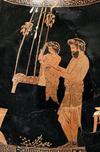 A man lifts a child into a swing (Eretria Painter, 435-420 BC)