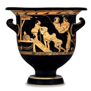 Greek krater bowl for mixing water and wine, with a scene from a comedy on it (Probably the Tarpoley Painter, about 400 BC)