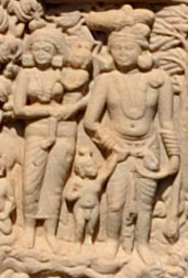Vessantara and Maddi and their two children (Sanchi stupa, Northern Gateway, ca. 50 BC)