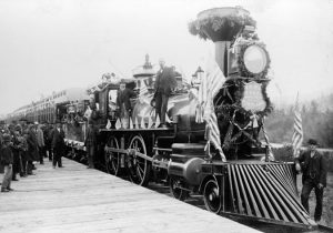 A railroad train in Fargo, North Dakota in 1883