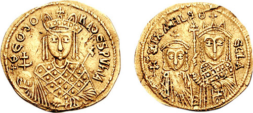 Empress Theodora on a gold coin, with her son and daughter on the other side.
