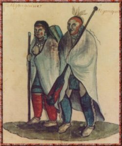 A man and a woman wearing traditional clothing made from European cloth including red leggings: the Algonquin tribe