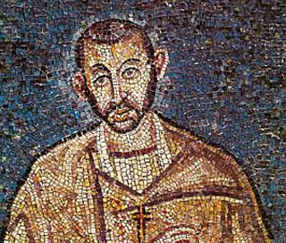 Ambrose: a mosaic of a white man with a short beard and his name written over him in Latin