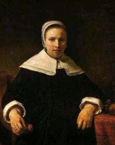 Anne Bradstreet: a white woman wearing a black dress and white cap and collar