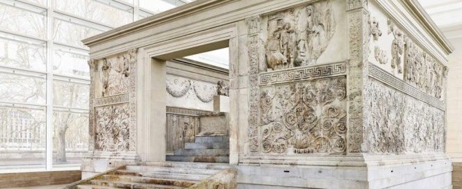 The Ara Pacis - the Altar of Peace. Originally it was outside, but today a roof protects it.