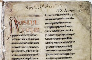 Rule of St. Benedict: parchment with Latin writing on it.