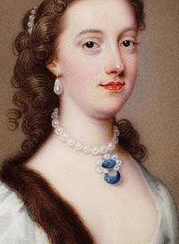 Margaret Cavendish: a white woman with a pearl necklace on