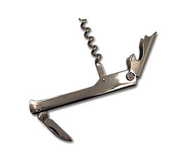 A corkscrew with a knife and a bottle opener attached
