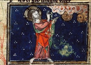 Creation: God creates the Sun and the Moon, in a medieval European painting