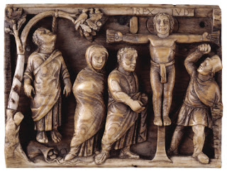 An early crucifixion: Jesus is on the cross, but Judas has hanged himself in shame. About 420 AD (The Maskell Ivories, British Museum)