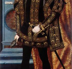 Edward VI: a boy standing in fancy tunic, shorts, and cape, with a sword