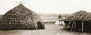 Round houses of woven sticks with woven grass mats laid over them, like the ones the early Shoshone lived in.
