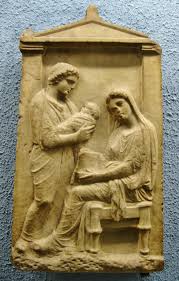 A Greek tombstone showing a seated woman and a man holding a baby
