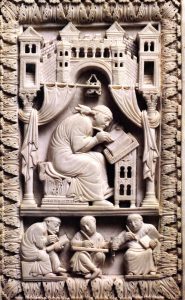 Pope Gregory the Great writing, from the 900s AD. Ivory, probably from Kenya. (Now in Vienna Kunsthistorisches Museum)