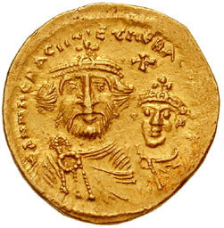 A gold coin of Heraclius and his son.