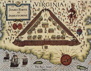 Jamestown: a small triangular fort on a point of land, with a few houses inside