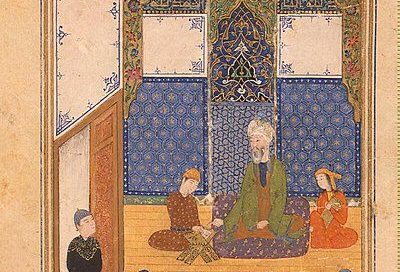 Layla and Majnun at school together, from a manuscript of the Khamsa that belonged to Timur's son and is now in the Hermitage Museum (1431 AD).