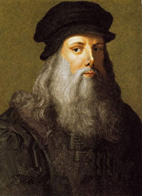 Leonardo da Vinci. A white man with a long whitish beard and a black hat