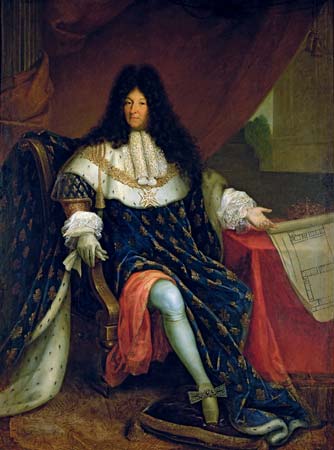 King Louis XIV: a white man in a long curly black wig, in royal robes
