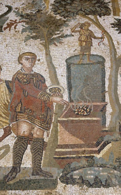 Emperor Maximian sacrifices incense to the goddess Diana (Piazza Armerina, Sicily, ca. 310 AD)