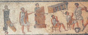 Musicians playing at gladiatorial games, from a floor mosaic in Tripoli (Libya)