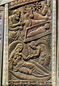 Jesus, Mary, and Joseph, in a medieval ivory carving