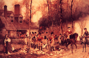 English soldiers search a settler's house (1770s)