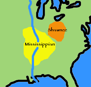 Where the Shawnee lived: northeast of the Mississippians