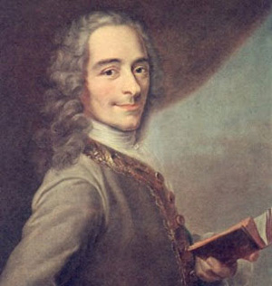 Voltaire - a thin white man with a long nose and a cheerful, sharp expression, holding a book