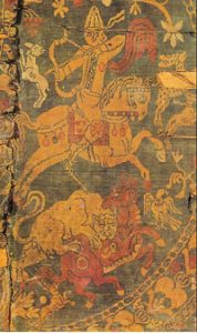 Bahram V Gor (Sassanian king 400s AD); the cloth is Sassanian silk from the 700s AD