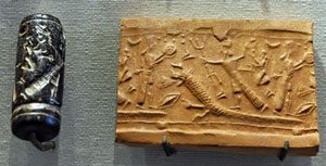 Cylinder seal and impression: a man kills a dragon (Louvre, Paris)