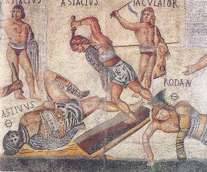 Gladiator mosaic, from the Borghese estate near Rome (200s AD) - Roman gladiators