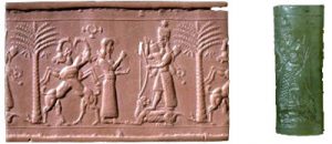 The goddess Ishtar on a cylinder seal of green garnet (British Museum)