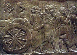 Women enslaved as prisoners of war in Nineveh, ca. 750 BC (British Museum) (They're not children; they're drawn smaller to show that they are slaves)
