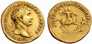 Gold coin of the Roman emperor Trajan (d. 117 AD)